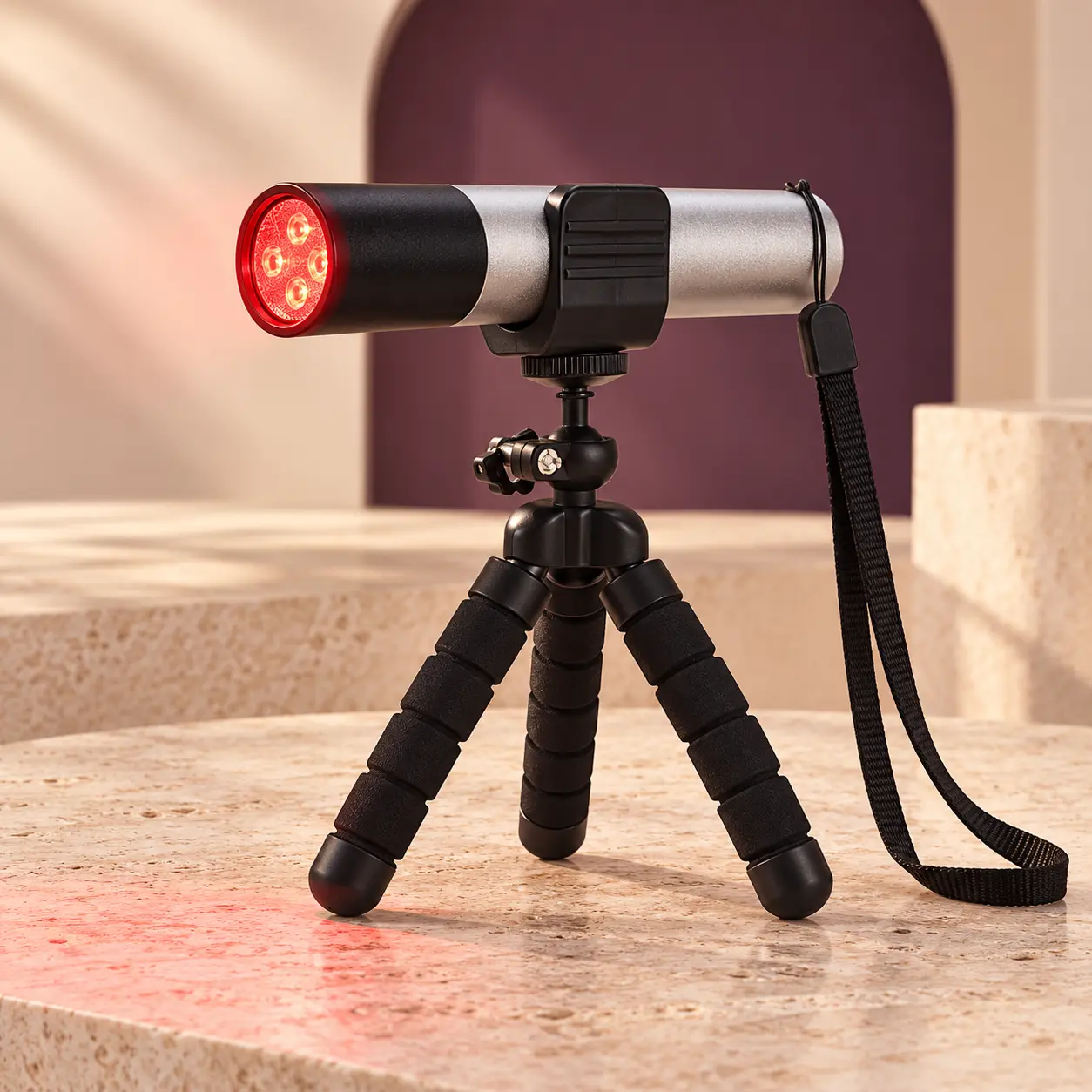 Buudy LED Torch emitting active red and near-infrared light on mini tripod stand