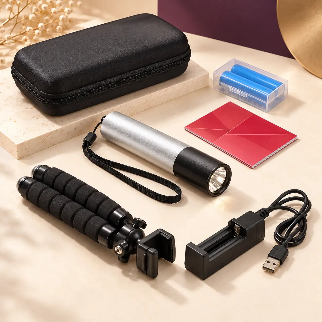 Buudy LED Torch complete gift set with 2x rechargeable batteries, dock charger, tripod and travel case