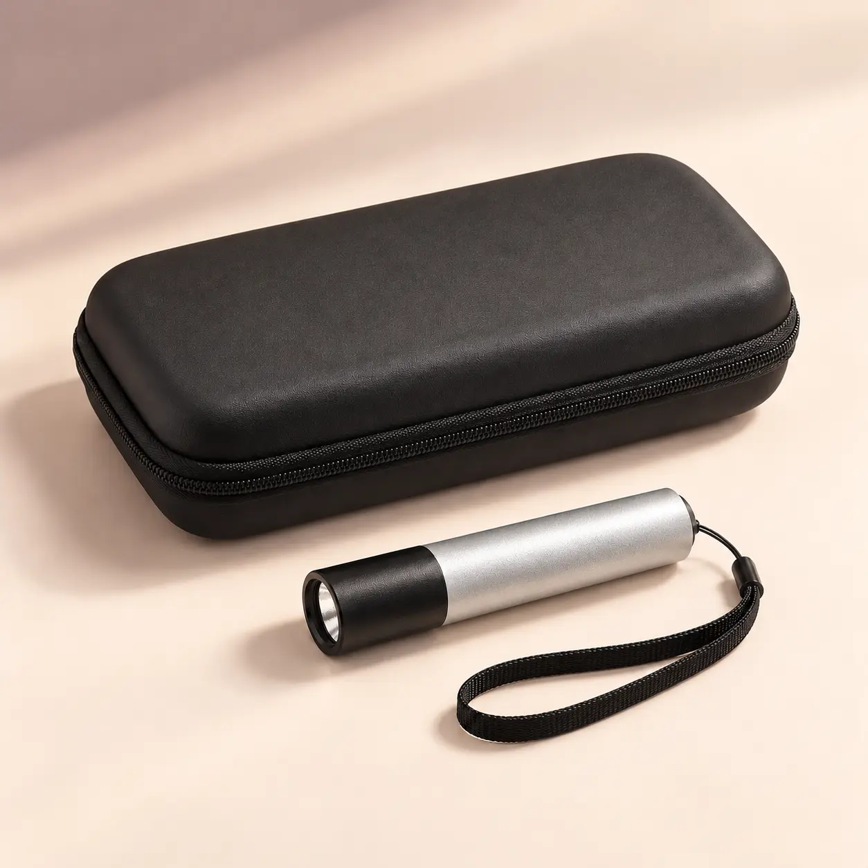 Buudy LED Torch beside custom zipper travel case demonstrating portable scale
